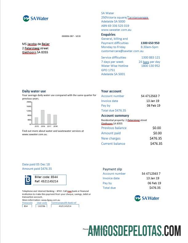 Conta de serviços públicos de água da Holanda SA em formato Word modelo